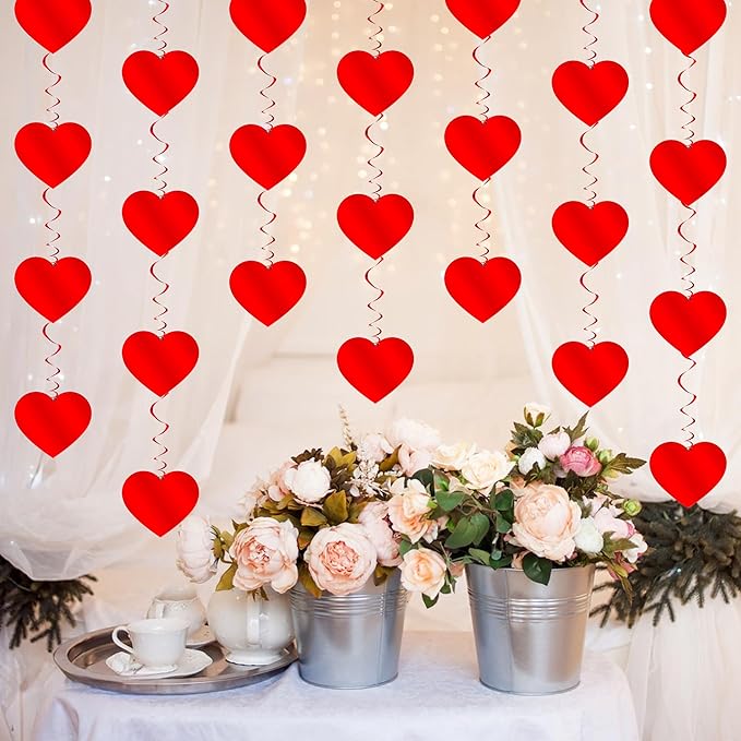 Red Heart Hanging Swirls, 24Pcs Foil Love Heart Ceiling Streamer for Valentines Galentines Decorations Bridal Shower Engagement Wedding Party Suppies