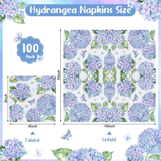 100 Pcs Hydrangea Napkins, Floral Cocktail Napkins Blue and Light Purple Hydrangea Flower Napkin Beverage Dessert Napkin for Bridal Baby Shower, Tea Party, Birthday