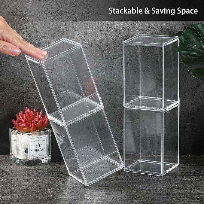 JUXYES 4 Pack Clear Display Case for Mini Action Figures, Acrylic Box with Sliding Door, Stackable Cube Small Showcase, Free Standing Collectibles Protection, 3x3x4.5 Inches