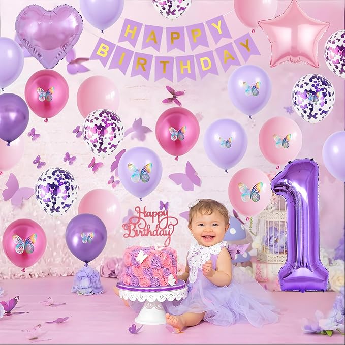 1st Birthday Decoration for Girls,Pink Purple 1st Birthday Balloon Number 1 Balloon with Butterfly Stickers Star Heart Foil Balloons Banner for Baby 1 Year Old Party Decor