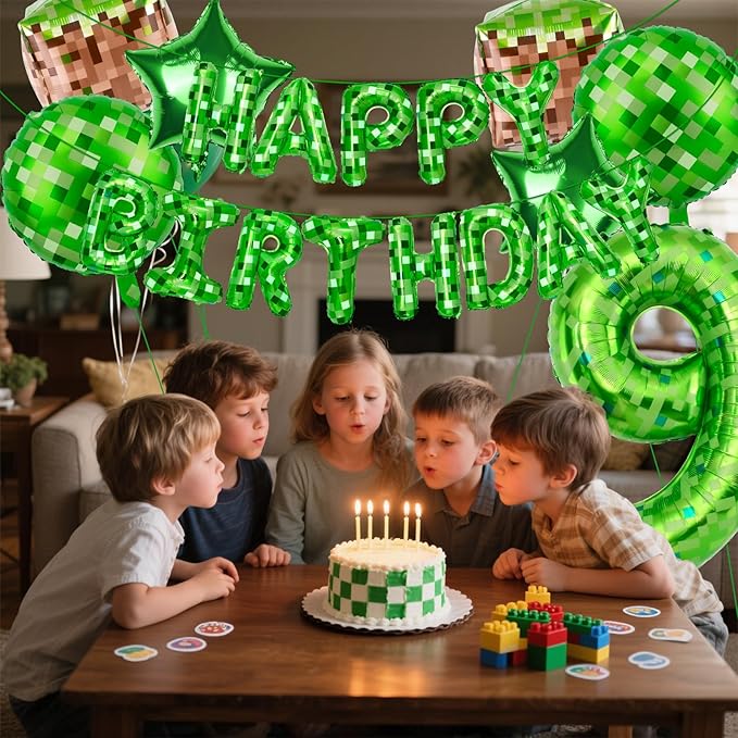 Green Pixel Themed Happy Birthday Banner Party Decorations Set Including 40 Inch Number 9 Foil Balloons, Themed Party Essentials, TNT Pixel Backdrop Supplies for Boys Indoor Outdoor Celebration