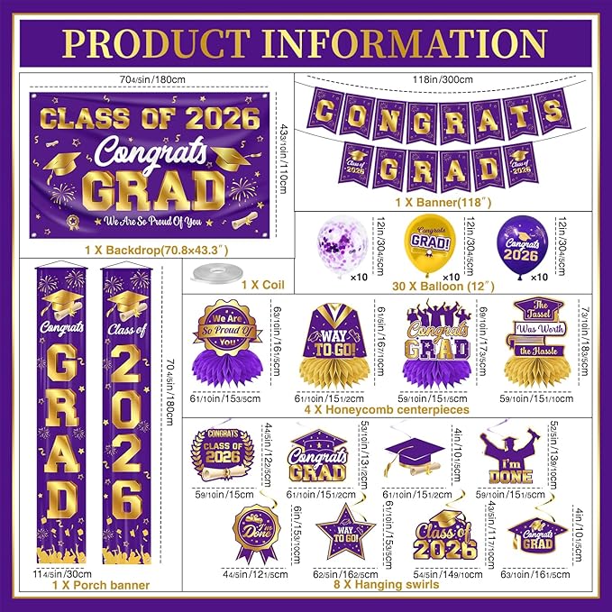 Graduation Decorations Class of 2026 Purple and Gold Graduation Party Decor Set include Congrats Grad Banner Backdrop Class of 2026 Balloons Party Supplies