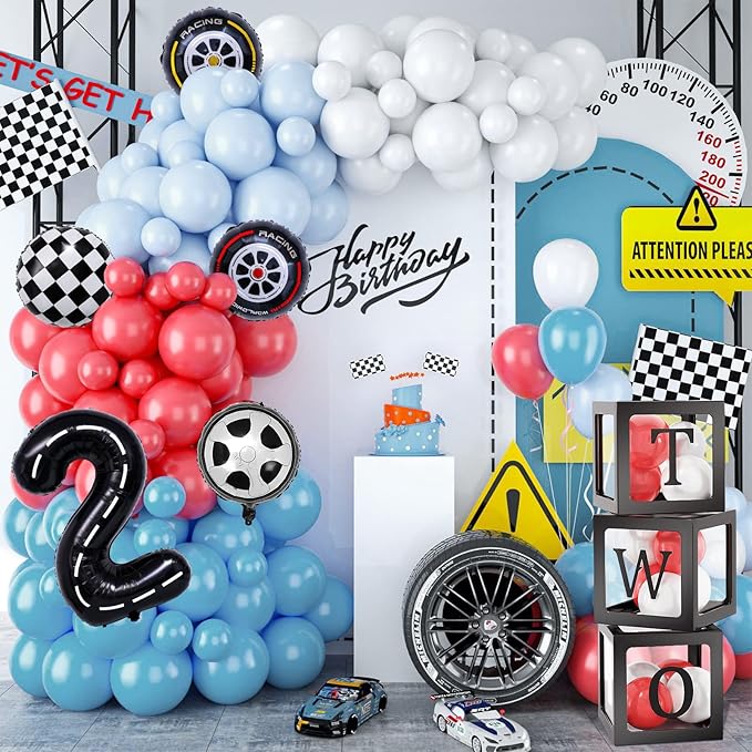134 Two Fast Birthday Decorations Race Car Party Supplies for 2 Year Old Boy Racing Balloon Garland Arch Kit Backdrop Tablecloth Box Crown Wheel Checkered Balloon 2nd Two Fast Birthday Decor
