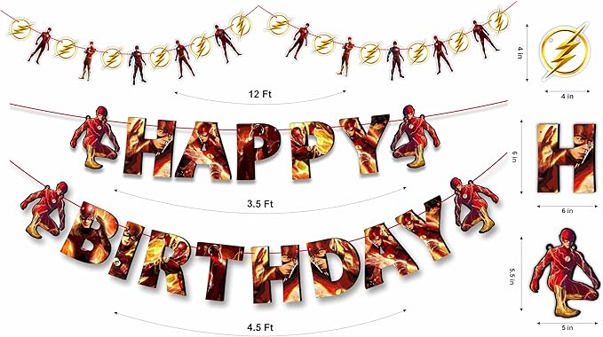 "Flsh Theme Birthday Party Supplies – Superhero Birthday Decorations Set for Boys & Girls – Includes Happy Birthday Banner, Cake Topper, Cupcake Toppers and Party Favors – Comic Theme Party Décor"