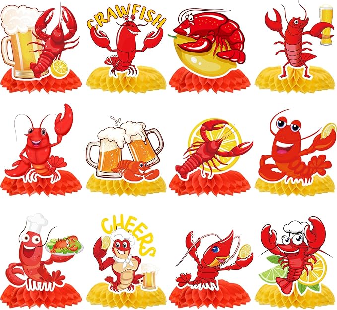 Gameza Crawfish Boil Party Decorations, 12PCS Crawfish Honeycomb Centerpieces Table Birthday Decoration, Crayfish Crab Seafood Shrimp Theme Bday Decor Supplies for Baby Shower
