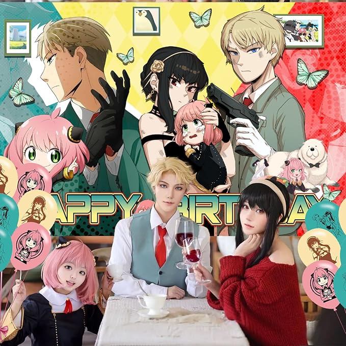 Spy Family Birthday Party Decoration,Anime Party Photo Background 5 x 3 FT and 18 Pcs Balloon,Anime Merch Party Backdrop Supplies