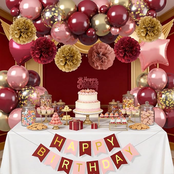 Burgundy Birthday Decorations for Women Girls, Wine Red Rose Gold Balloons Maroon Burgundy Gold Happy Birthdays Balloon Banner Pompoms Curtains for Women Girls Adults Birthday Party Decorations