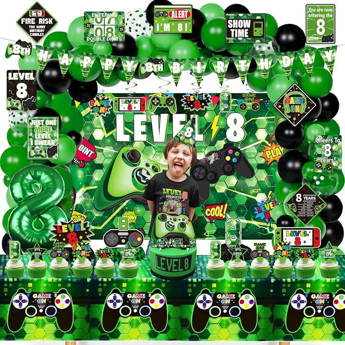 8th Birthday Decorations for Boys, 148Pcs Green Video Game level 8 Party Supplies for Boy 8th Birthday - Backdrop, Banner, Balloons, Tablecloth, Centerpieces, Hanging Swirl, Hat, Wall Signs