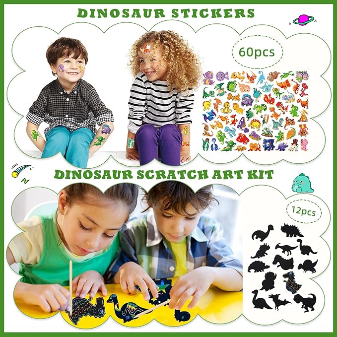 144 Pcs Dinosaur Party Favors for 12 Kids - Dino Birthday Party Supplies Include Bubble Wands, Hatching Eggs, Art Kit, Silicone Rings, Bracelets, Stickers