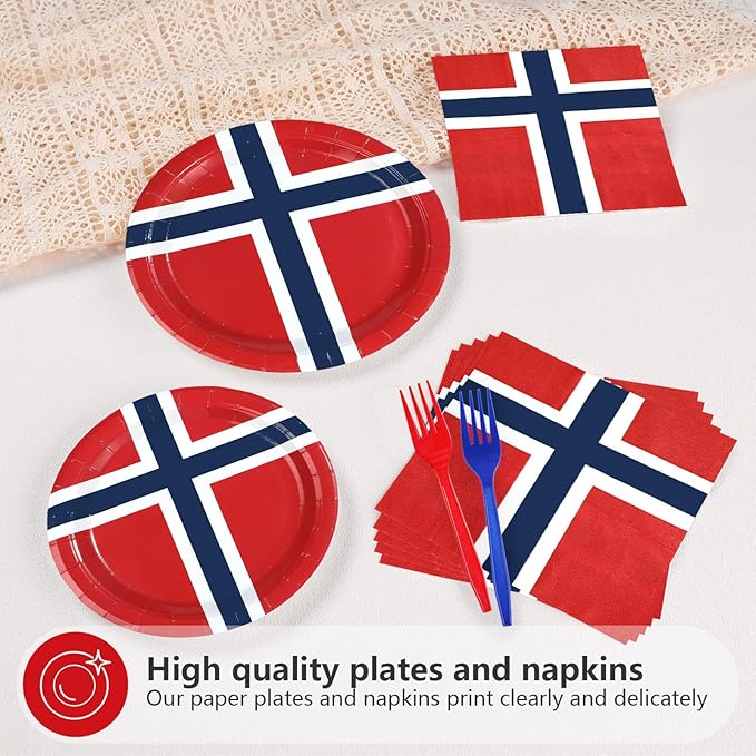 96 Pcs Norway Flag Themed Party Decorations Disposable Norwegian Flag Paper Plates and Napkins Norway National Tableware Set for Country Decoration Patriotic Festival Party Supplies, Serves 24