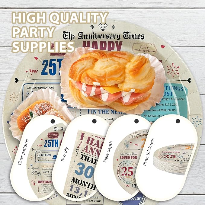 96Pcs 25th Anniversary Party Decorations Retro 25 Years Wedding Aday Plates and Napkins Happy 25th Anniversary Disposable Tableware Set for Vintage 25 Year Wedding Party Supplies Serves 24