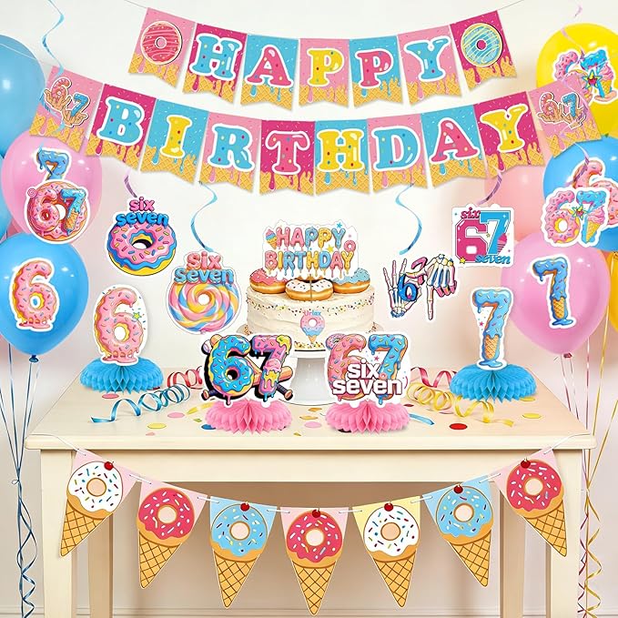 6 7 Birthday Decorations Funny 6 7 Happy Birthday Banner Six Seven Theme Party Supplies Blue Pink Birthday Party Decor for Kids Teens Adults Table centerpiece Decorations