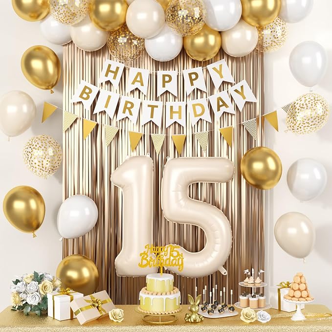 Gold Birthday Party Decorations, Cream White 15th Happy Birthday Decorations With Number 15 Balloons Sand White Latex Balloon Champagne Fringe Curtain Cake Topper Banner For 15th Party Supplies