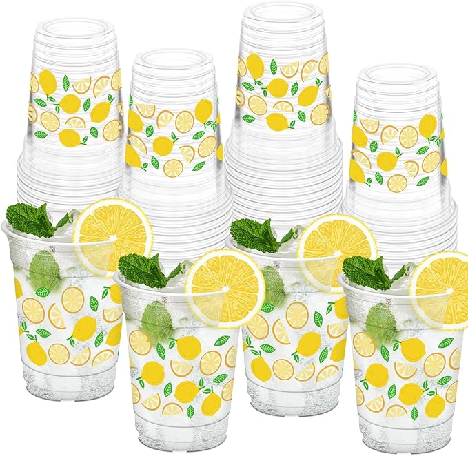 50Pcs Lemon Cups, 12oz Lemon Clear Plastic Cups for Yellow Fruit Themed Party Decorations Baby Shower Birthday Summer Lemonade Party Supplies