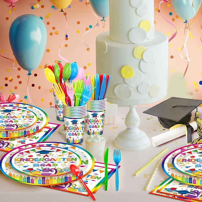 175 Pcs Kindergarten Graduation Tableware Set Party Supplies - Serves 25, Colorful Kindergarten Grad Disposable Plates, Cups, Napkins, Forks, Spoons, Knives for Kids School Graduation Decorations
