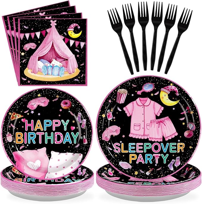 Grencian 96 Pcs Sleepover Birthday Party Supplies Black Sleepover Plates and Napkins Disposable Tableware Set Pajama Party Decorations for Girls Slumber Themed Birthday Decorations Serves 24
