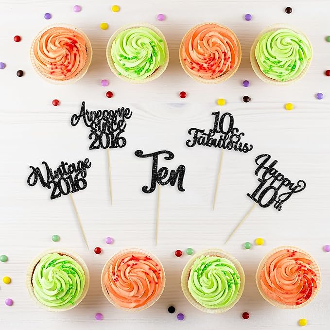 30Pcs Happy 10th Birthday Cupcake Toppers Glitter Ten Vintage 2016 Cupcake Picks Cheers to 10 Fabulous Cake Decorations for 10th Birthday Wedding Anniversary Party Supplies Black