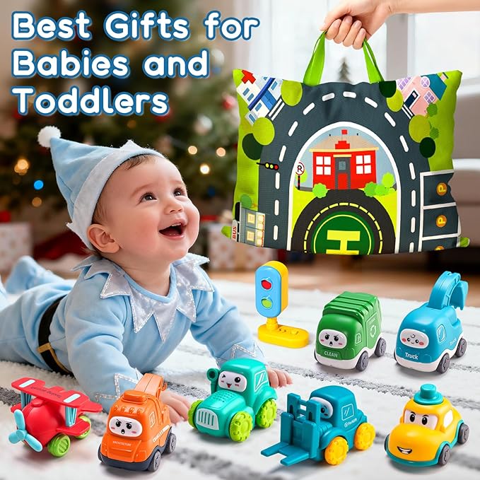 ALASOU 8 PCS Baby Cranes Car Toys for 1 Year Old Boy with Playmat/Storage Bag|1st Birthday Gift Easter Basket Stuffers for Toddler Toys 1-2|Baby Toys 1 Year Old Boy Gifts for Infant 12 18 Months