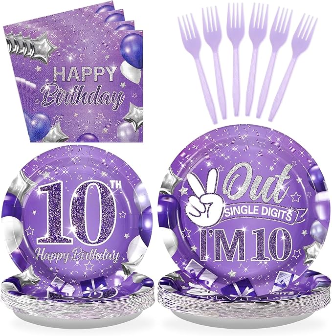 Grencian 96Pcs Purple 10th Birthday Decorations for Girls Purple 10th Birthday Plates and Napkins Disposable Glitter Out Single Digits I'm 10 Paper Tableware for 10 Years Old Party Supplies, Serves 24