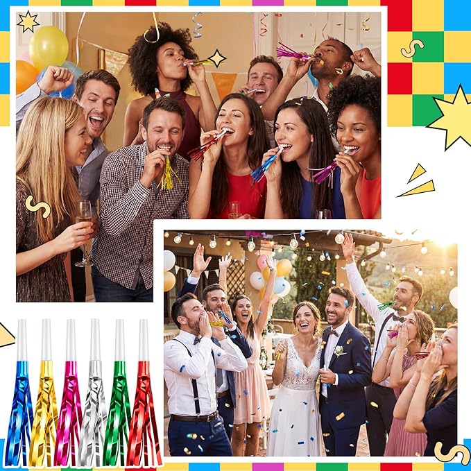 Sumind 24 Pcs Multicolor Noise Makers Glitter Noise Makers Metallic Fringed Party Blowers for Adults Birthday Graduation Sporting Events 2026 New Years Party Favor Supplies