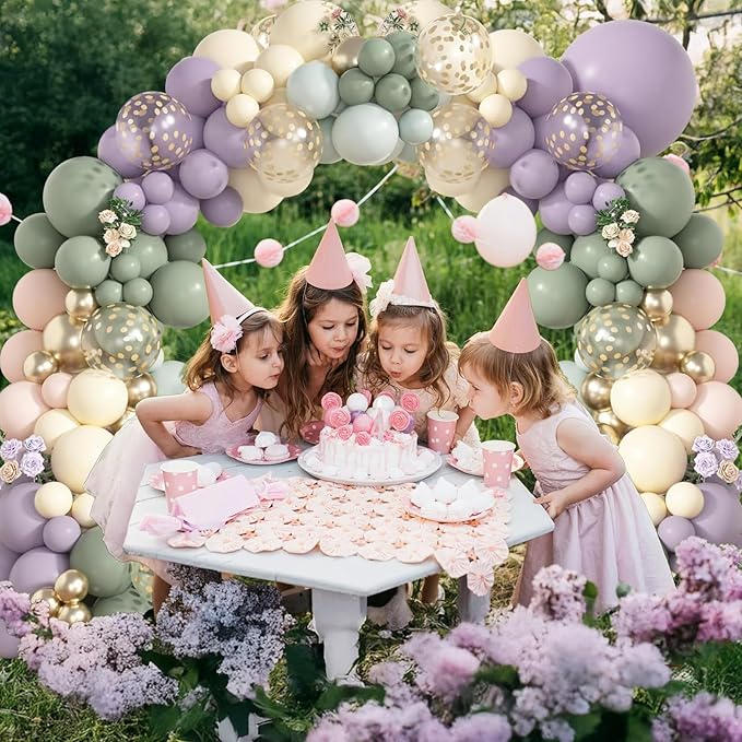 Dusty Green Purple Pink Balloon, 60 Packs 12 Inch Lavender Pastel Pink Balloon Metallic Gold Confetti Balloons for Baby Shower Wedding Tea Wildflower Birthday Party Decorations