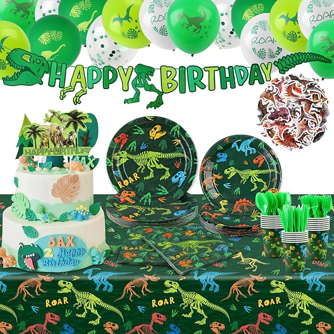208pcs Dinosaur Birthday Party Decorations For Boys, Dinosaur Themes Birthday Party Supplies Serve 20 with Disposable Plates,Napkins,Cups,Cutlery Set, Banner,Tablecloth,Cake Topper,Ballons,Stickers