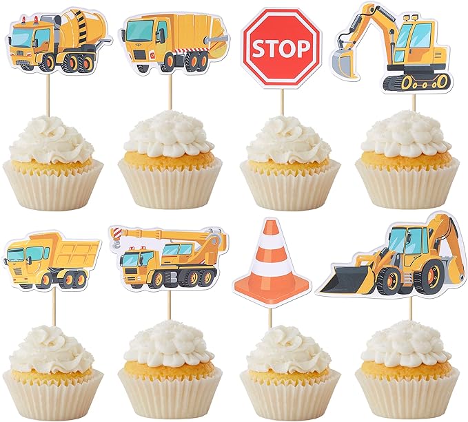 32 Pack Construction Cupcake Toppers Dump Truck Excavator Tractor Party Stop Sign Cupcake Picks Kids Birthday Construction Theme Baby Shower Party Cake Decorations Supplies