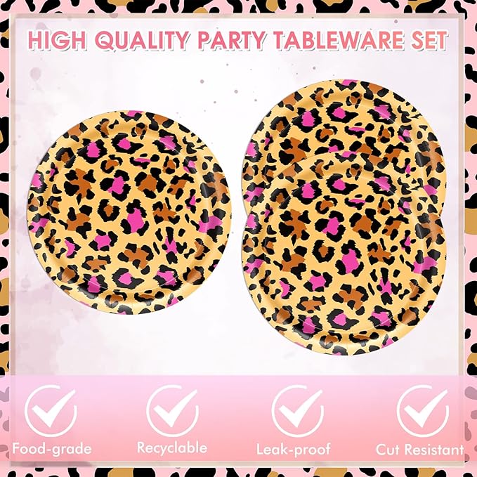 40 PCS Pink Cheetah Print Birthday Decorations Disposable Safari Animal Leopard Theme Tableware Set includes Cheetah Plates and Napkins for Leopard Wild Theme Party Supplies Serves 20 Guests
