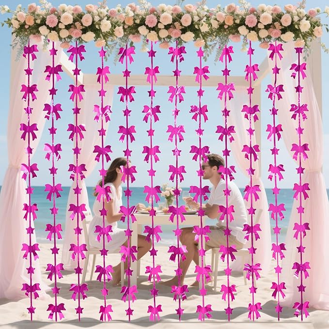 Bow Party Decorations, 2 Pack Hot Pink Birthday Party Supplies, 3.3 X 6.6 ft Foil Fringe Curtains, Pink Bow Photo Booth Props Photo Backdrop for Birthday, Bachelorette, Girls Party Decor
