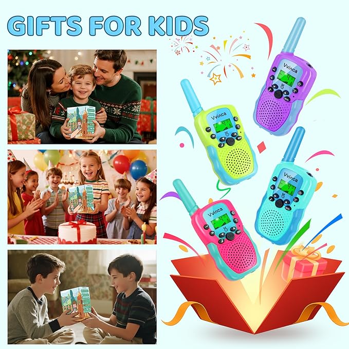 Vvinca Walkie Talkies for Kids Rechargeable 4 Pack, 3 Mile Walkie Talkie Long Range, Christmas Birthday Gift for Age 3-12 Boy Girl with Flashlight 22CH 2 Way Radio for Adventure Camping Outdoor Hiking