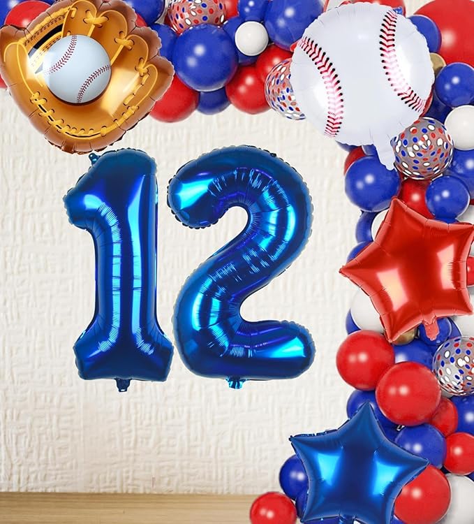 Baseball Balloons 12th Birthday Decorations for Boys | Baseball Birthday Decoration Sports Theme Party Supplies, 32Inch Foil Mylar Number 12 Balloon Navy Blue Red White Sports Balloon Arch Kits