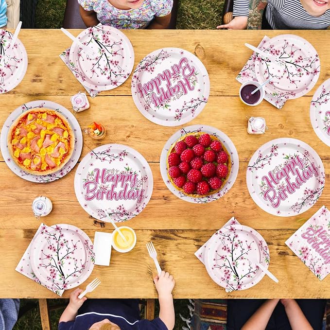 96 Pcs Cherry Blossom Birthday Party Decorations Disposable Japanese Sakura Themed Party Paper Plates and Napkins Pink Flowers Tableware Set for Birthday Baby Shower Wedding Bridal Supplies