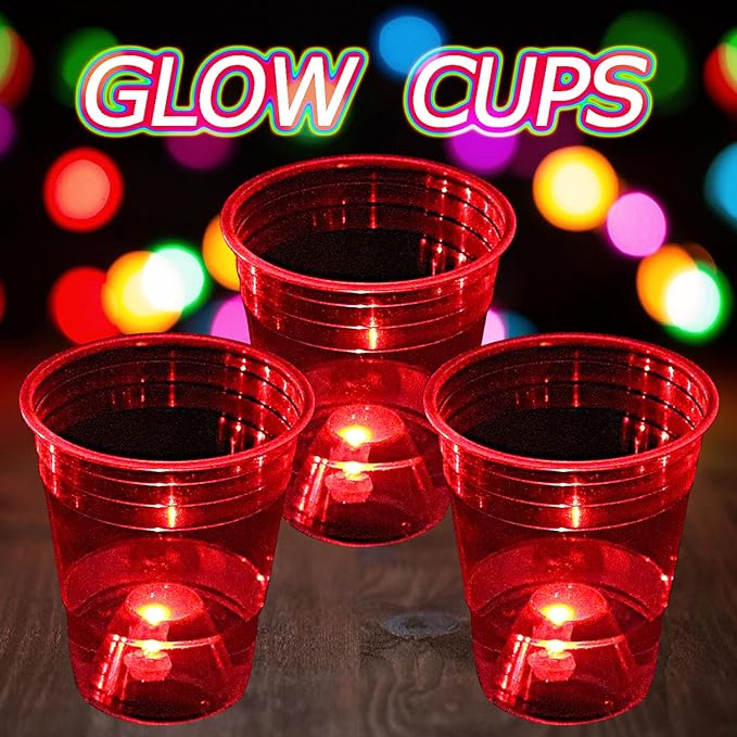 mishunyus Glow in The Dark Red Party Cups 24 Pack (16 oz) - LED Light Up Plastic Cups for Birthday Weddings BBQ Beach Holiday Decorations, Reusable Drinking Cups for Club Events & Nighttime