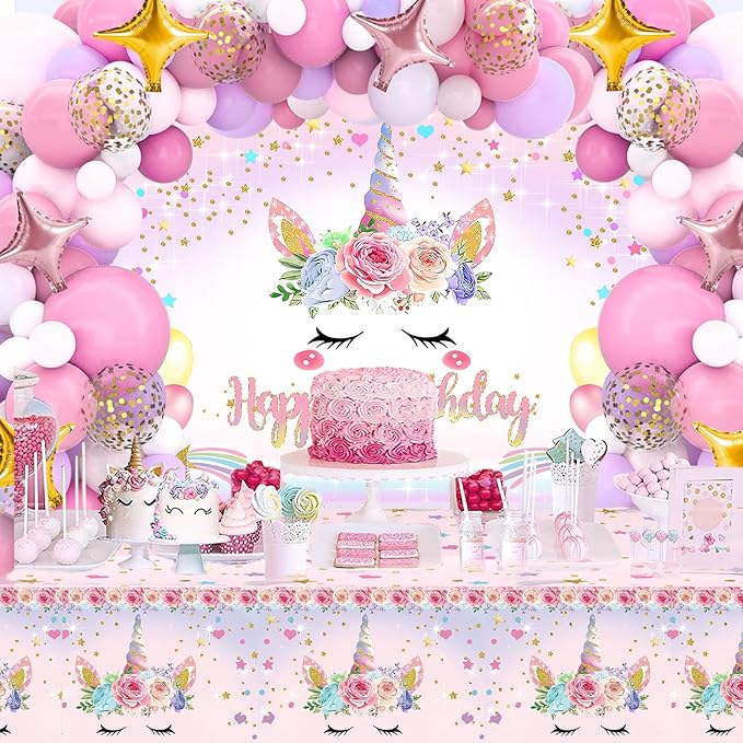 Unicorn Birthday Decorations for Girls,118pcs Unicorn Theme Party Decorations with Balloon Garland Arch Kit Backdrop and Tablecloth for Girls Women Birthday Party Supplies(Pink)