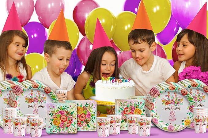 Giraffe Floral Birthday Party Supplies - Giraffe Party Supplies - Zoo Animal Party Supplies - Safari Animal Party Supplies | Tableware Set Includes Plates Napkins and Cups | Kit for 16