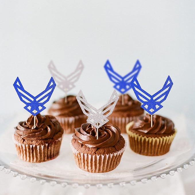 24 Pack Emblem Cupcake Toppers Glitter Army Navy Air Force Cupcake Picks for Congrats Retirement Army Military Theme Birthday Cake Decorations Party Supplies Blue Silver