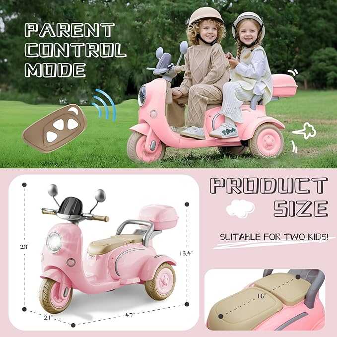 HEIMILI 12V Kids Electric Motorcycle for Girls, 3 Wheel Ride On Motorcycle for Kids 3-5 Years, Mini Battery Powered Motorbike with Bluetooth & MP3, Toddler Electric Ride On Toy, Pink