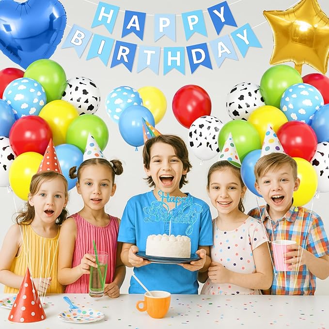 Red Yellow Blue Birthday Decorations,Kids Birthday Decor with Cow Print Sky Light Blue Cloud Balloon Banner Cake Topper Star Heart Foil Balloon for Farm Themed Party Decorations