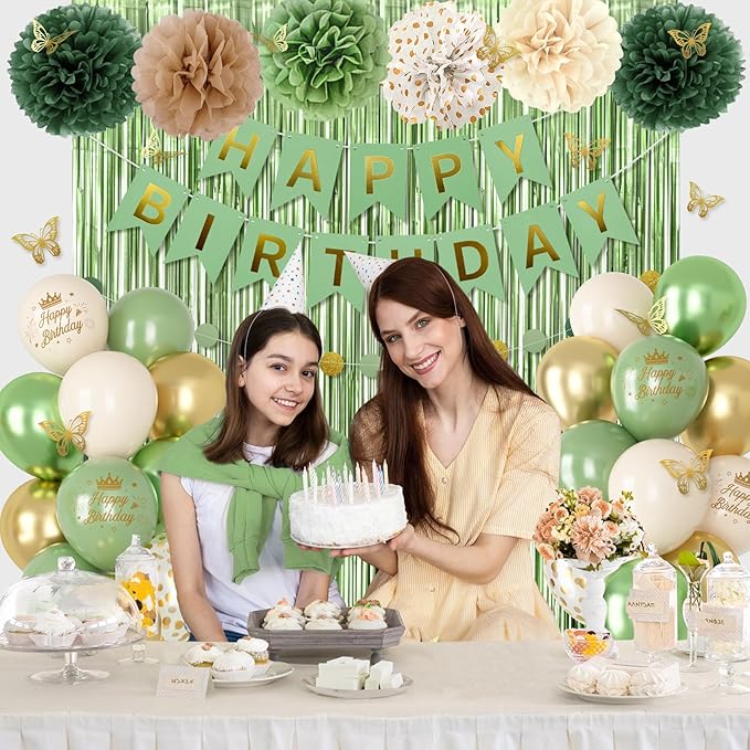 Sage Green Birthday Decorations, Olive Green Gold Metallic Printed Balloons Butterfly Stickers Fringe Curtain Happy Birthday Banner Circle Dots Paper Pompoms for Women Girls Boys Party Decor Supplies