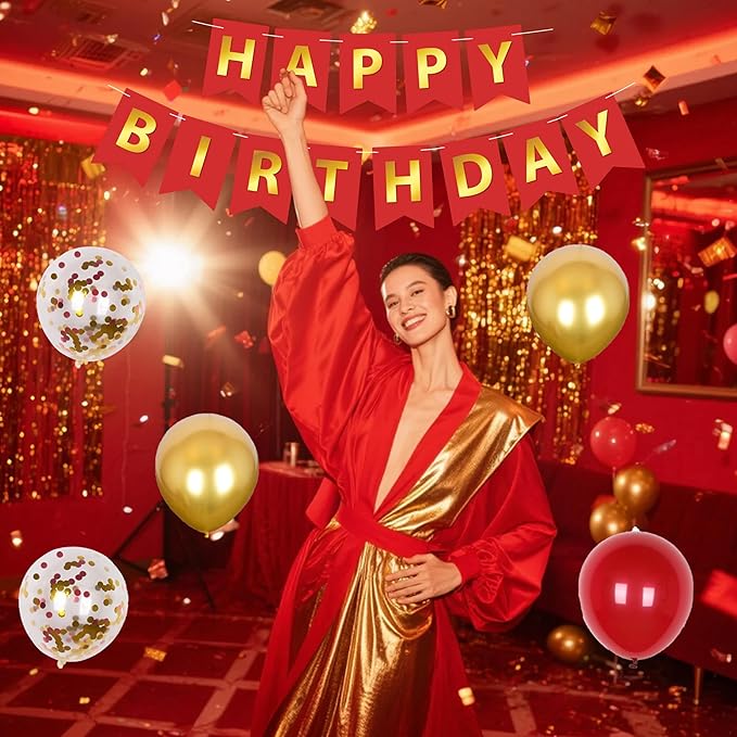 Red And Gold Birthday Decorations for Women,Fringe Curtains Happy Birthday Banner,Red balloons,Cake Toppers for girls