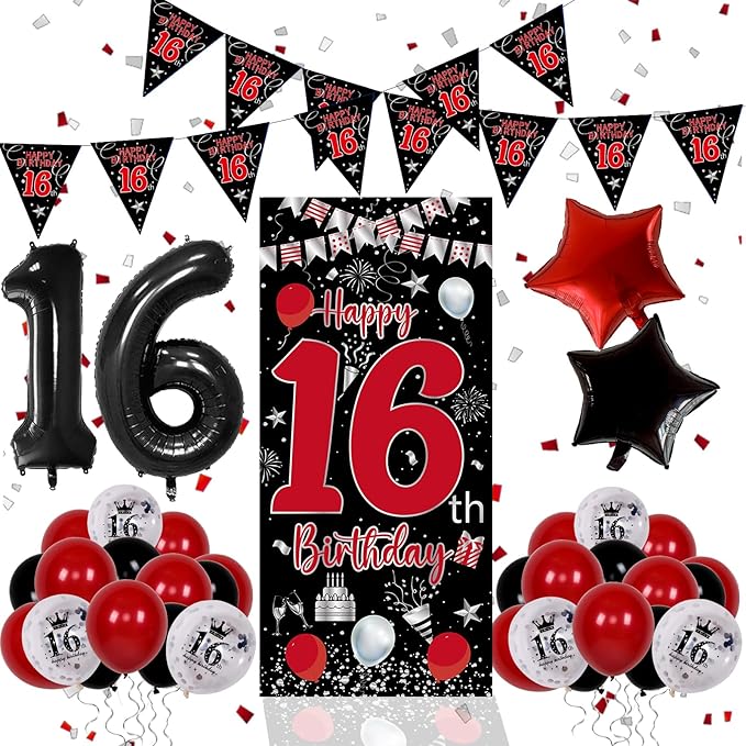 16th Birthday Decorations for Boys Girls, Red Black Happy 16th Birthday Boy Decorations Door Banner, Sweet 16 Birthday Party Balloons Decoration Large 16 Balloons Triangle Flag Decor for 16 Year Old
