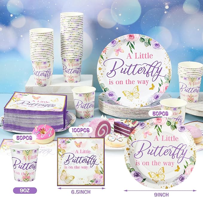 200 Pcs Butterfly Baby Shower Paper Plates Napkins Cups Girl Shower Party Supplies Tableware Set Purple Disposable Cup Napkin for 50 Guest Girls Spring Party Decoration