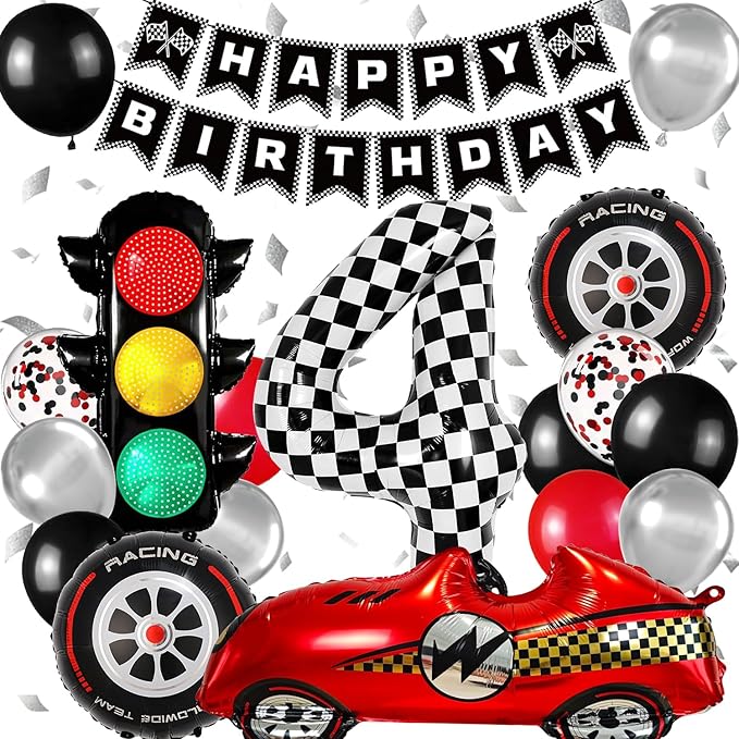 Race Car Birthday Party Decorations, with 40 Inch Number 4 Balloon, Happy Birthday Banner, Race Car, Traffic Light and Foil Tire Balloon for 4th Themed Birthday Party Supplies
