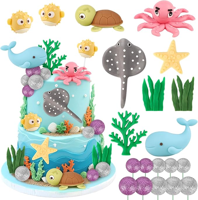 Hooqict 20Pcs Sea Ocean Cake Decorations Set with Mini Octopus, Turtle, Fish, Sealife, Under the Sea Cake Toppers for Underwater World Ocean Animals Theme Baby Shower Birthday Party Decorations