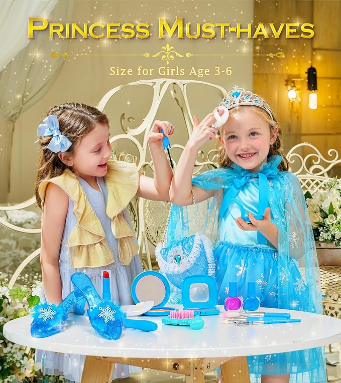 Kids Makeup Kit for Girls Dress Up for Girls, BIBUTY Pretend Play Fake Makeup Set with Princess Dress Cape Princess Shoes Crown, Princess Toy Gift for 3-6 Toddler Little Girl
