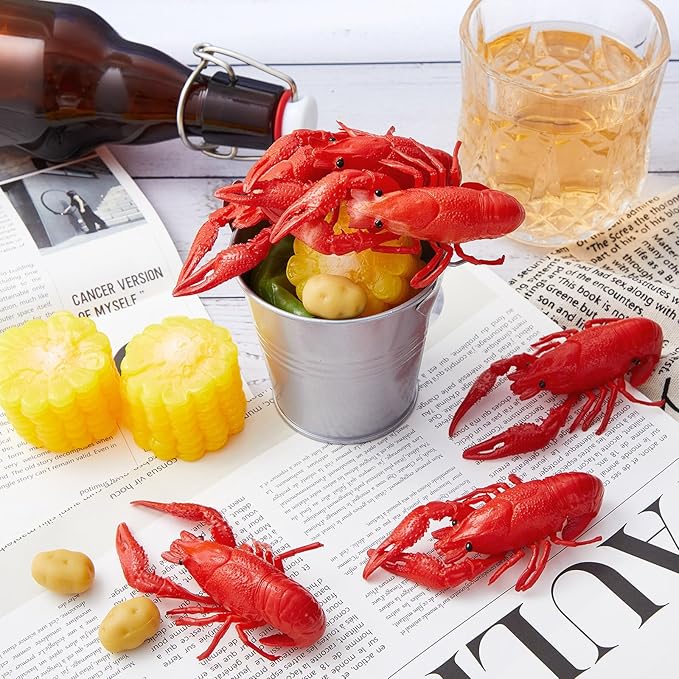 13 Pcs Crawfish Boil Party Supplies Fake Crawfish Party Decorations Lobster Cake Toppers Plastic Crayfish Potato Corn Metal Pail for Lobster Theme Birthday Festival Potluck