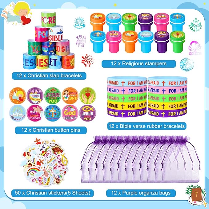 110 Pieces Jesus Party Favors for Kids, Bible Verse Slap Bracelets Stickers Stampers Rubber Bracelets Gift Bags Button Pins for Christian Religious Inspirational Christmas Party Gifts
