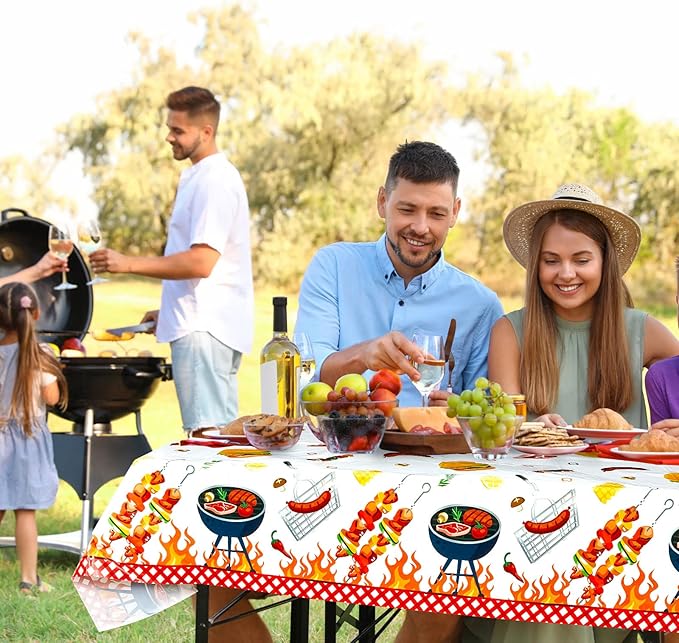 Amylove 2 Pack BBQ Party Decorations Hot Dog Picnic Tablecloths 86 x 51 Inches Stain Resistant Tablecloth for Baby Q Baby Shower, Birthday, Carnival, Bachelorette Party Supplies