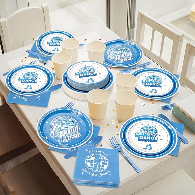 180PCS Dancing Queen Party Supplies Serve 60,Blue Disco Paper Plates and Napkins Kit for 70s Disco 17th Birthday Bachelorette Party Decorations,Includes Dinner and Dessert Plates, Napkins