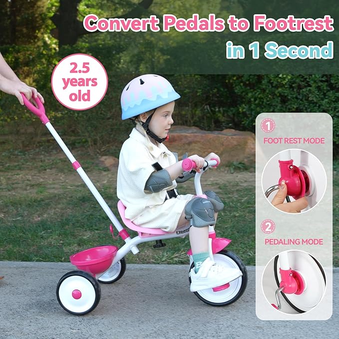 Liberry 2 in 1 Toddler Tricycle Age 2 3 4 Years Old, Kids Trike with Adjustable Push Handle, Bell & Basket, 3 Wheel Bike Riding Toy Birthday Gift for Girls Boys, Pink